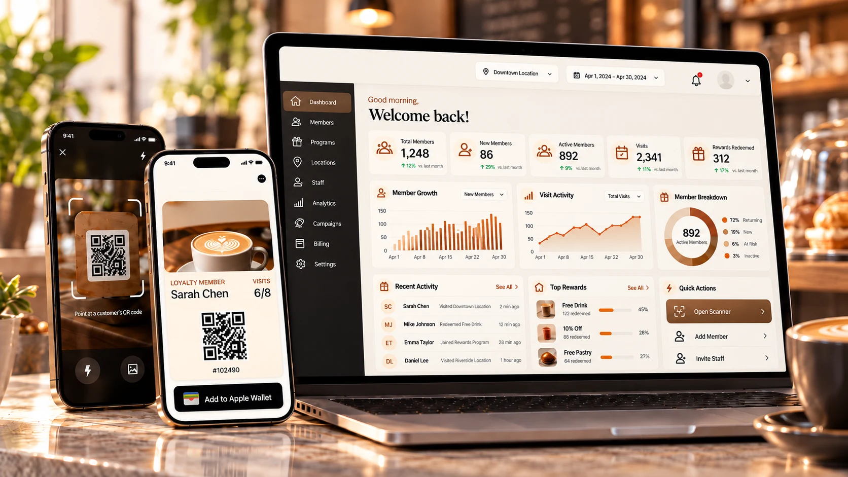 Product design reference showing a detailed merchant dashboard on a laptop, a staff QR scanner, and a customer pass preview on phones. All figures are examples.
